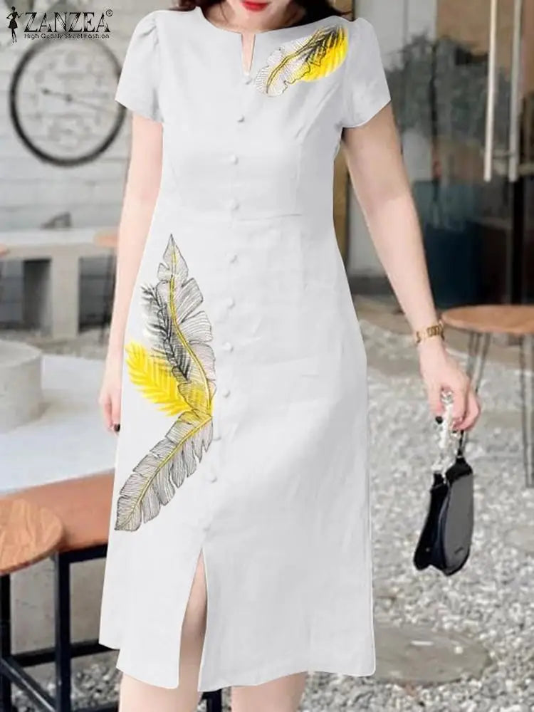 ZANZEA Women Leaves Printed Midi Dress Fashion Holiday Single Breast Vestidos 2024 Summer Short Sleeve Robe Korean Sundress Femm