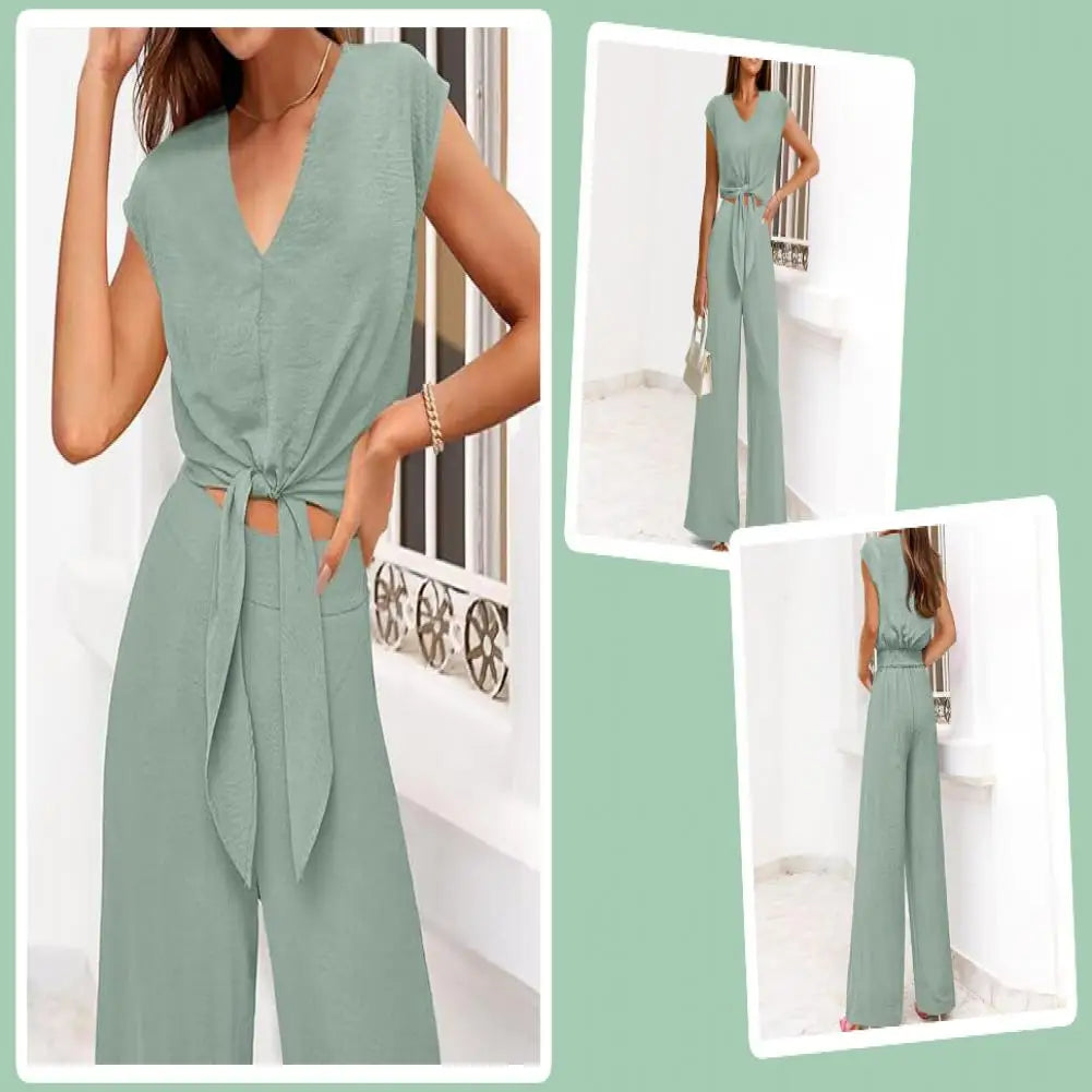 Women Top Pants Suit Elegant Lace-up Knot Women's Top Pants Set for Office Wear V Neck Short Sleeves Solid Color High for Women