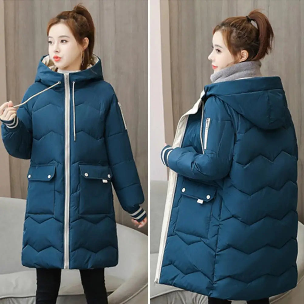 Winter Women Coat Cotton Padded Long Sleeve Hooded Overcoat Thickened Loose Zipper Mid Length Outwear Jacket Streetwear Parkas