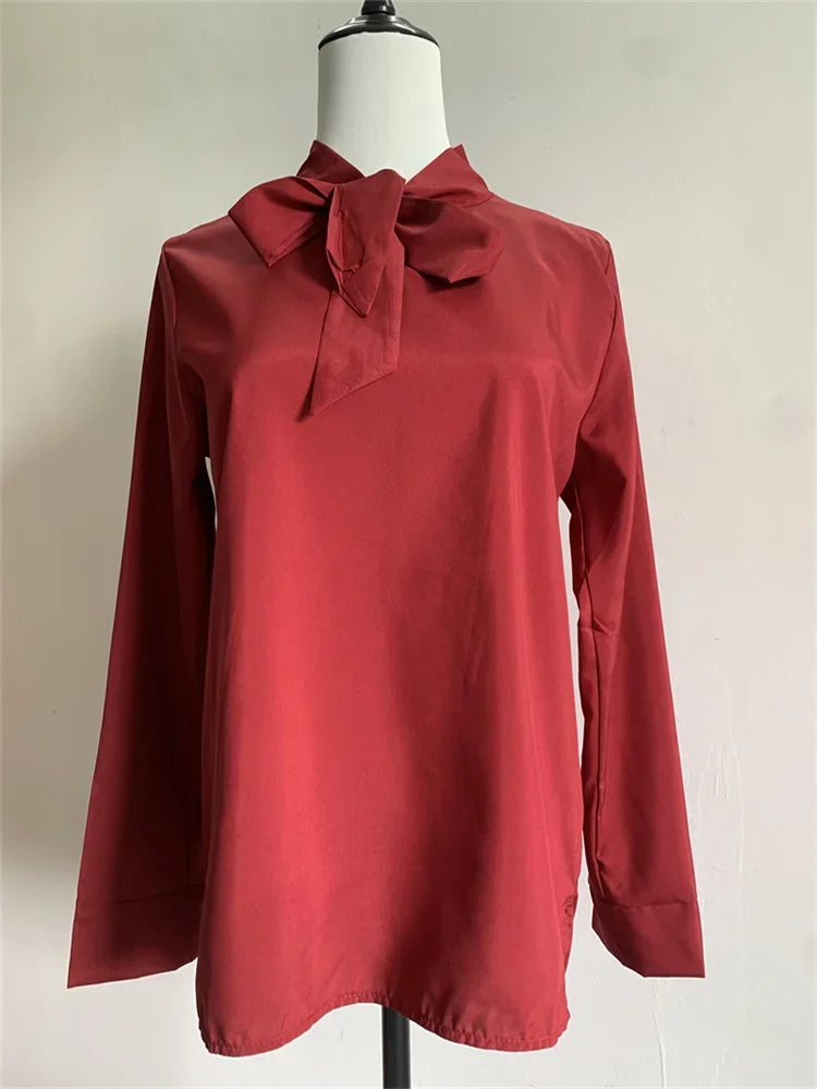 Pullover Blouse Summer Shirts for Women Korean Fashion Office Blouses blusas Autumn Long Sleeve Tie Bow Chiffon Formal Shirts
