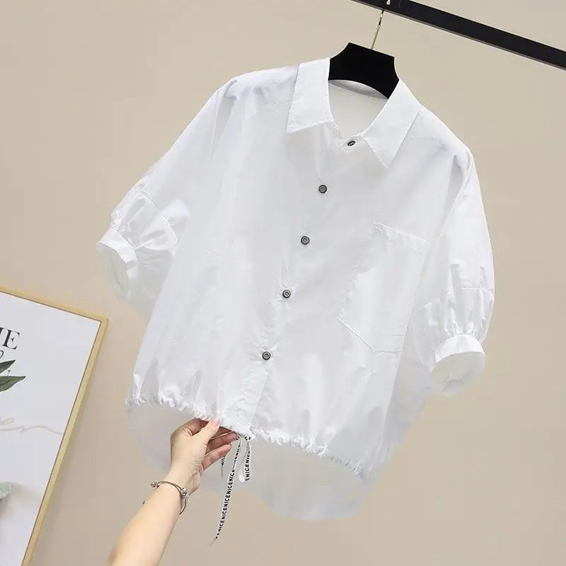 Summer New Bat Sleeve Pockets Shirt Women Loose Casual Short Sleeve Blouse Solid Lace Up Tops Half Shirts Lady High Street Trend