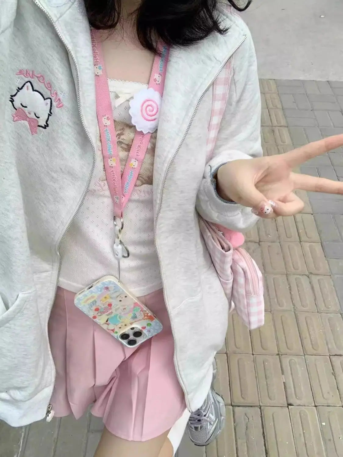 HOUZHOU Japanese Fashion Kawaii Zipper Hoodie Women Harajuku Cute Pink Cat Embroidery Oversized Hooded Sweatshirt Winter 2023