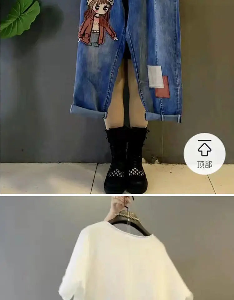 Age Reduction Suit Women's 2023 New Spring and Summer Slim Short Sleeve Top Casual Jeans Elegant Women's Two-piece Set
