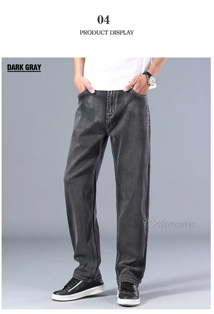 2023 New Classic Men's Thin Blue Jeans Advanced Stretch Loose Straight Denim Trousers Male Brand Pants Plus Size 40 42 44