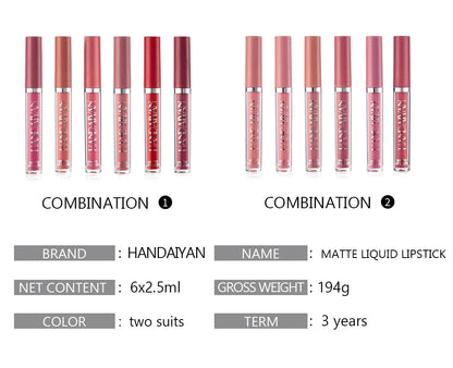 HANDAIYAN Gift 6PC/Set Matte Velvet Lip Gloss Waterproof Long-lasting Liquid Lipstick Cosmetic Beauty Keep 24 Hours Makeup