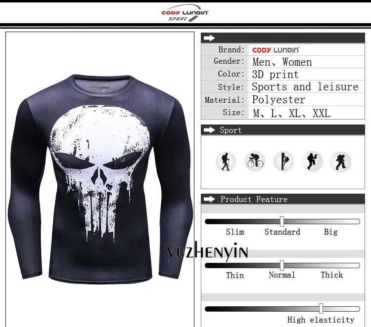 Superhero Punisher Long Sleeve Sport T Shirt Workout 3D Compression Quick Dry Training Men's Running Gym Fitness Top Rashgard