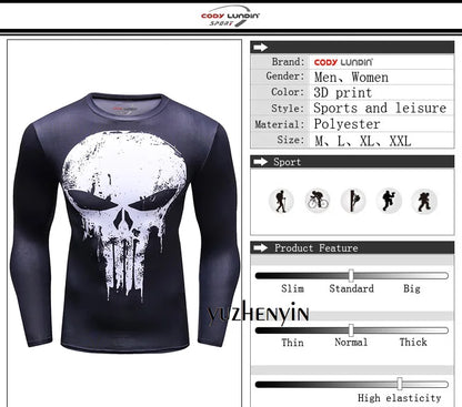 Superhero Punisher Long Sleeve Sport T Shirt Workout 3D Compression Quick Dry Training Men's Running Gym Fitness Top Rashgard
