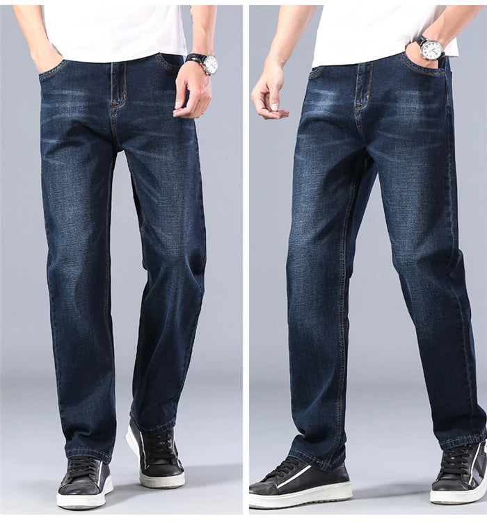 2023 New Classic Men's Thin Blue Jeans Advanced Stretch Loose Straight Denim Trousers Male Brand Pants Plus Size 40 42 44