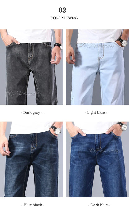 2023 New Classic Men's Thin Blue Jeans Advanced Stretch Loose Straight Denim Trousers Male Brand Pants Plus Size 40 42 44