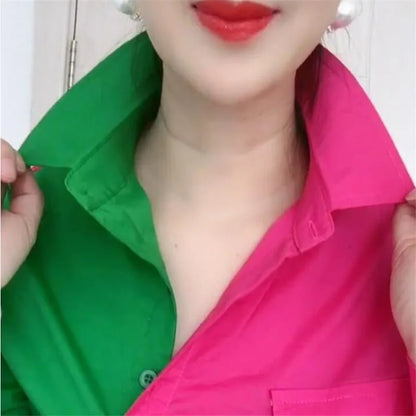 Oblique Placket Chic Color Matching Blouses Women Shirt Lapel long sleeve Patchwork Color Contrast Streetwear Female Blusa Shirt