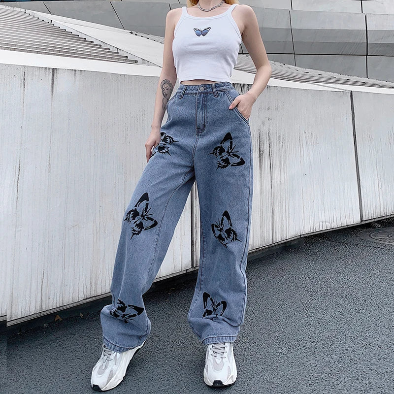 Women's High Waist Jeans Butterfly Print Straight Wide Leg Denim Pants