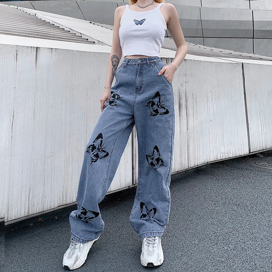 Women's High Waist Jeans Butterfly Print Straight Wide Leg Denim Pants