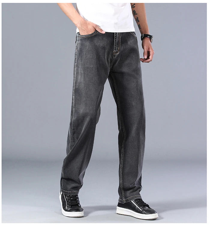 2023 New Classic Men's Thin Blue Jeans Advanced Stretch Loose Straight Denim Trousers Male Brand Pants Plus Size 40 42 44