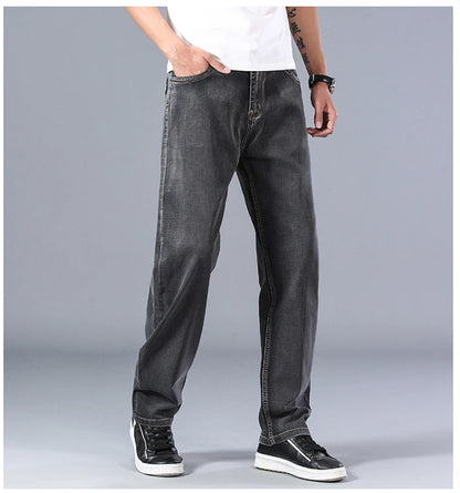 2023 New Classic Men's Thin Blue Jeans Advanced Stretch Loose Straight Denim Trousers Male Brand Pants Plus Size 40 42 44