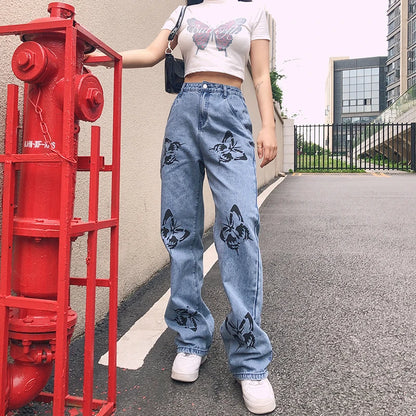 Women's High Waist Jeans Butterfly Print Straight Wide Leg Denim Pants