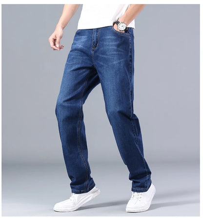 2023 New Classic Men's Thin Blue Jeans Advanced Stretch Loose Straight Denim Trousers Male Brand Pants Plus Size 40 42 44