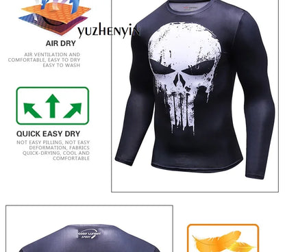Superhero Punisher Long Sleeve Sport T Shirt Workout 3D Compression Quick Dry Training Men's Running Gym Fitness Top Rashgard