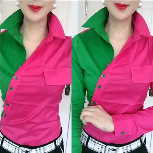 Oblique Placket Chic Color Matching Blouses Women Shirt Lapel long sleeve Patchwork Color Contrast Streetwear Female Blusa Shirt