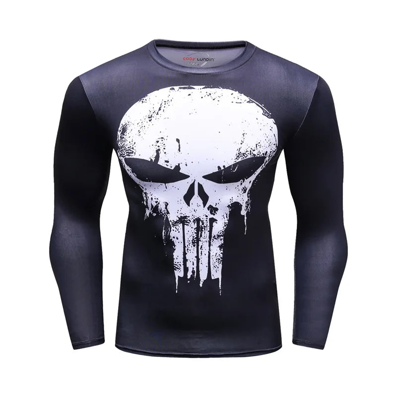 Superhero Punisher Long Sleeve Sport T Shirt Workout 3D Compression Quick Dry Training Men's Running Gym Fitness Top Rashgard