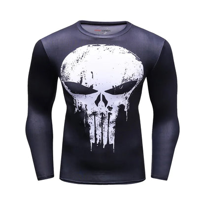 Superhero Punisher Long Sleeve Sport T Shirt Workout 3D Compression Quick Dry Training Men's Running Gym Fitness Top Rashgard