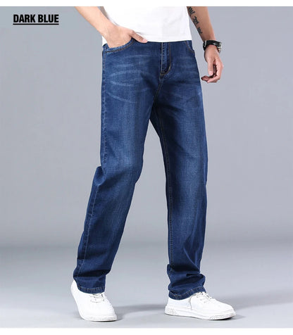 2023 New Classic Men's Thin Blue Jeans Advanced Stretch Loose Straight Denim Trousers Male Brand Pants Plus Size 40 42 44