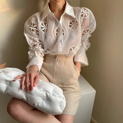Spring Long Sleeve White Blouse Women Autumn Sexy Hollow Floral Embroidery Shirt Tops Vintage Loose Casual Blouses Blusas 13369