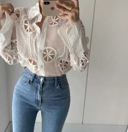 Spring Long Sleeve White Blouse Women Autumn Sexy Hollow Floral Embroidery Shirt Tops Vintage Loose Casual Blouses Blusas 13369