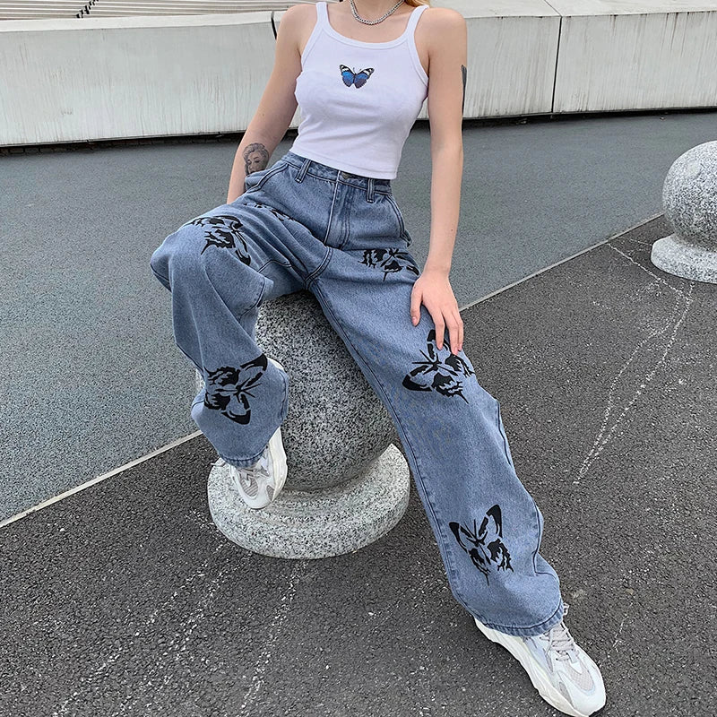 Women's High Waist Jeans Butterfly Print Straight Wide Leg Denim Pants