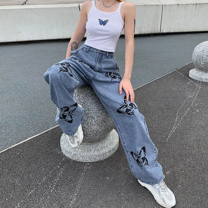 Women's High Waist Jeans Butterfly Print Straight Wide Leg Denim Pants
