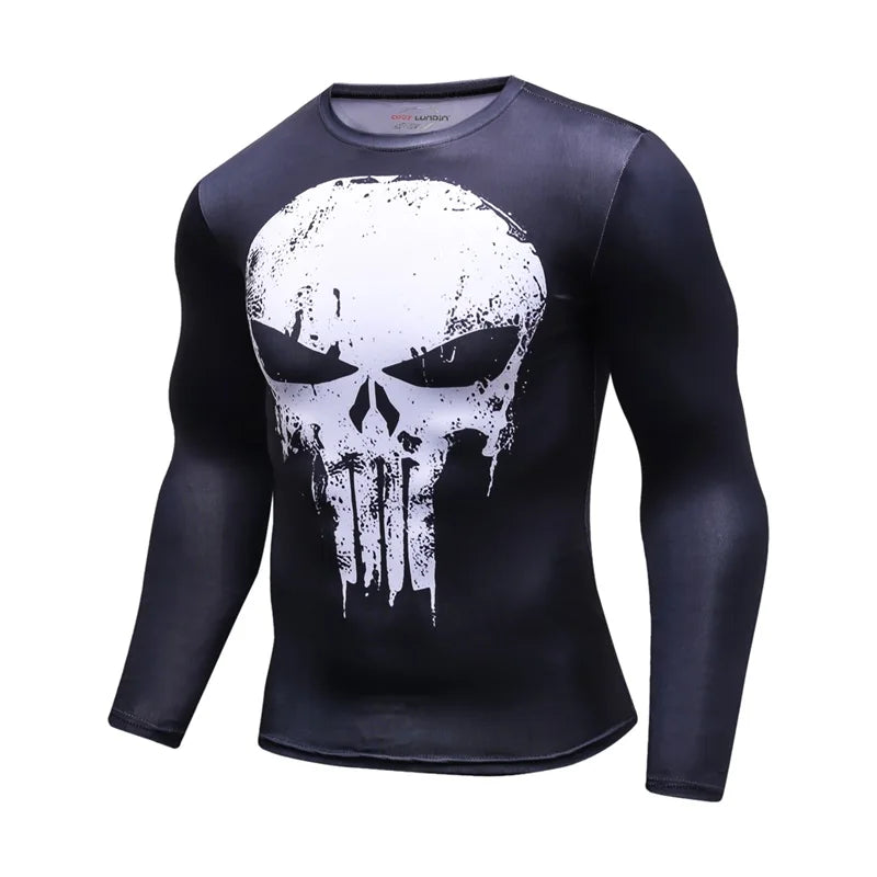 Superhero Punisher Long Sleeve Sport T Shirt Workout 3D Compression Quick Dry Training Men's Running Gym Fitness Top Rashgard