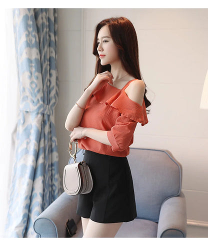 Blusas Mujer De Moda 2024 Summer Women Blouses Short Sleeve Chiffon Blouse Off Shoulder Blouse Tops Womens Tops And Blouses B381