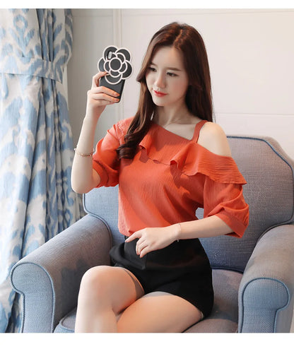 Blusas Mujer De Moda 2024 Summer Women Blouses Short Sleeve Chiffon Blouse Off Shoulder Blouse Tops Womens Tops And Blouses B381