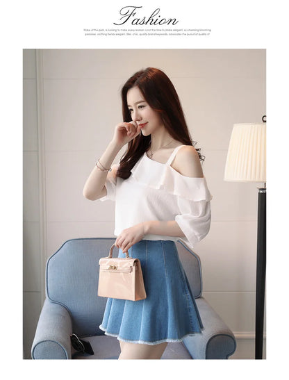 Blusas Mujer De Moda 2024 Summer Women Blouses Short Sleeve Chiffon Blouse Off Shoulder Blouse Tops Womens Tops And Blouses B381