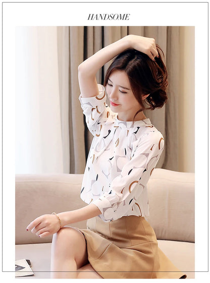 Fashion Women's Clothing Summer Printed Chiffon Blouse Casual Puff Half Sleeve Office Shirt Korean Stand Collar Tops Blusas 2480