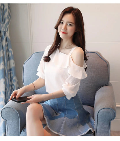 Blusas Mujer De Moda 2024 Summer Women Blouses Short Sleeve Chiffon Blouse Off Shoulder Blouse Tops Womens Tops And Blouses B381