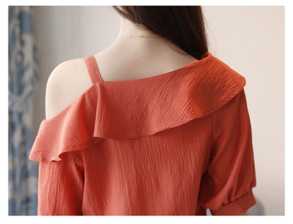 Blusas Mujer De Moda 2024 Summer Women Blouses Short Sleeve Chiffon Blouse Off Shoulder Blouse Tops Womens Tops And Blouses B381