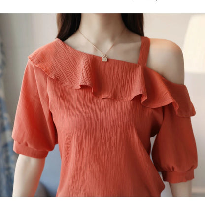 Blusas Mujer De Moda 2024 Summer Women Blouses Short Sleeve Chiffon Blouse Off Shoulder Blouse Tops Womens Tops And Blouses B381