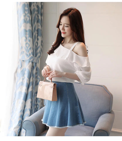 Blusas Mujer De Moda 2024 Summer Women Blouses Short Sleeve Chiffon Blouse Off Shoulder Blouse Tops Womens Tops And Blouses B381