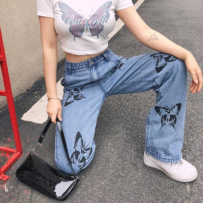 Women's High Waist Jeans Butterfly Print Straight Wide Leg Denim Pants