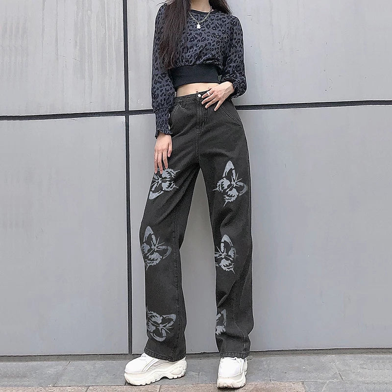Women's High Waist Jeans Butterfly Print Straight Wide Leg Denim Pants