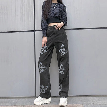 Women's High Waist Jeans Butterfly Print Straight Wide Leg Denim Pants