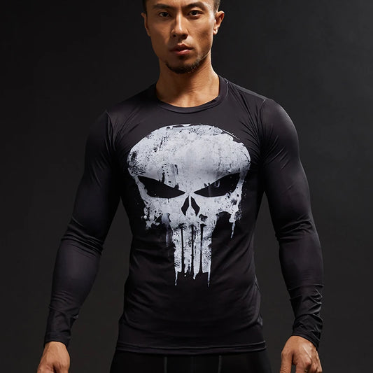 Superhero Punisher Long Sleeve Sport T Shirt Workout 3D Compression Quick Dry Training Men's Running Gym Fitness Top Rashgard