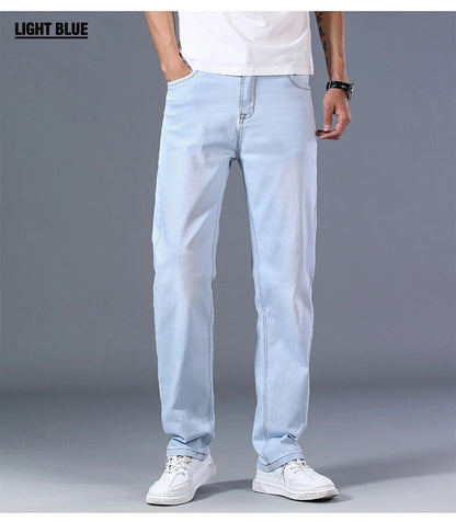 2023 New Classic Men's Thin Blue Jeans Advanced Stretch Loose Straight Denim Trousers Male Brand Pants Plus Size 40 42 44