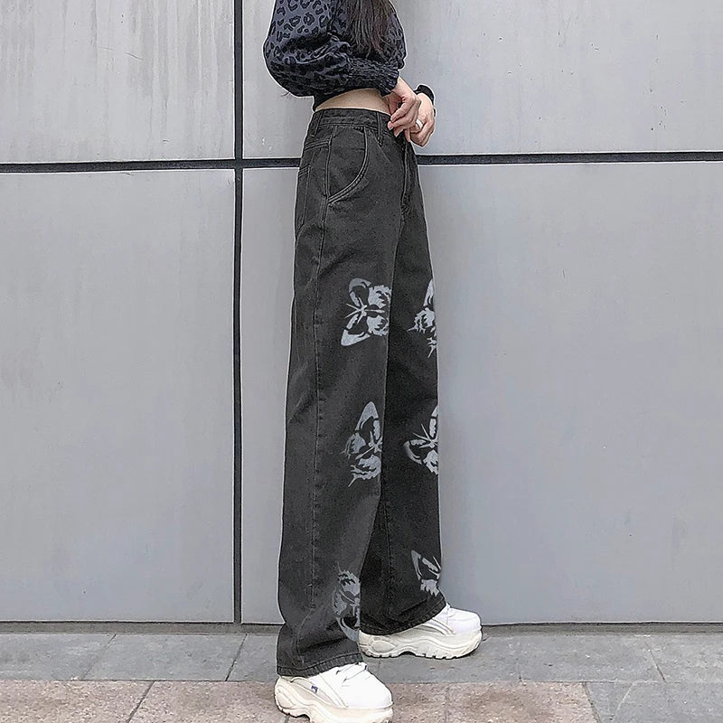 Women's High Waist Jeans Butterfly Print Straight Wide Leg Denim Pants