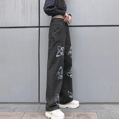 Women's High Waist Jeans Butterfly Print Straight Wide Leg Denim Pants