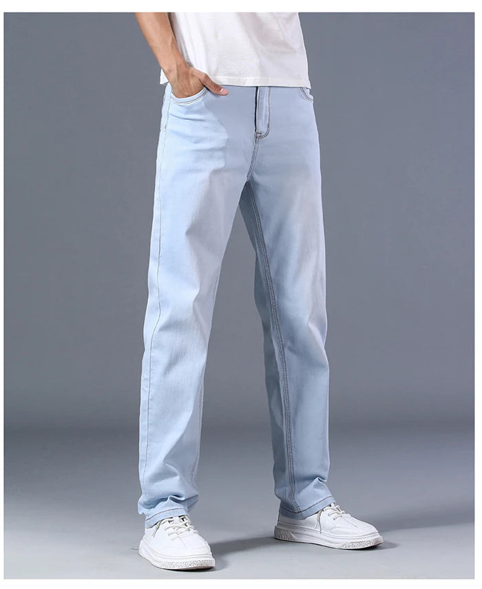 2023 New Classic Men's Thin Blue Jeans Advanced Stretch Loose Straight Denim Trousers Male Brand Pants Plus Size 40 42 44