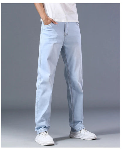 2023 New Classic Men's Thin Blue Jeans Advanced Stretch Loose Straight Denim Trousers Male Brand Pants Plus Size 40 42 44