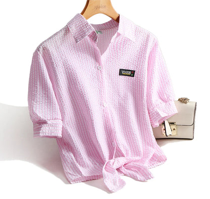 AOSSVIAO Casual Women Shirts 2024 Summer New Fashion Collar Blouse Stripe Buttons White Shirt Women Tops Streetwear
