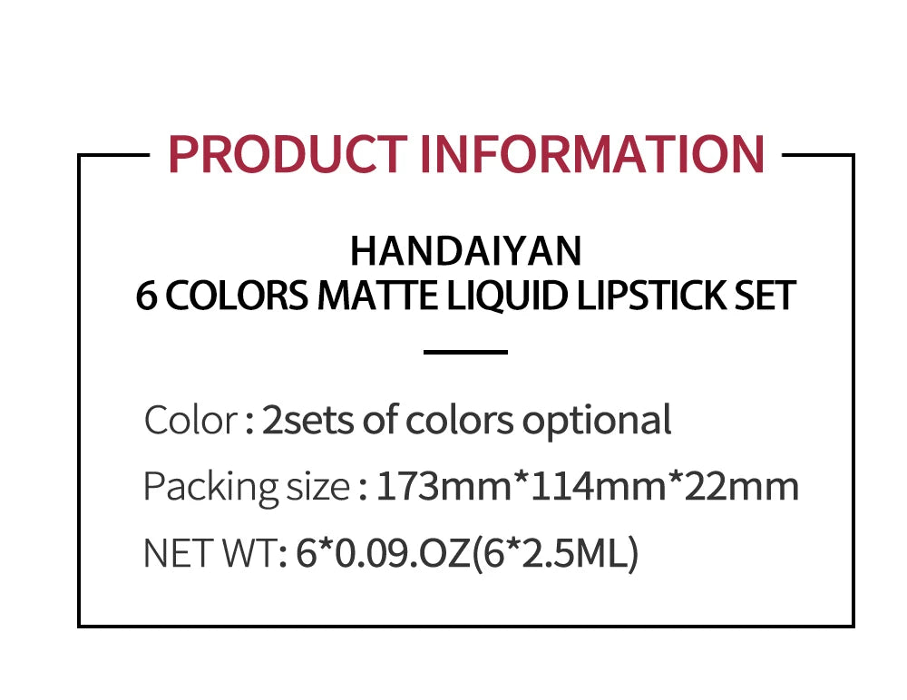 HANDAIYAN Gift 6PC/Set Matte Velvet Lip Gloss Waterproof Long-lasting Liquid Lipstick Cosmetic Beauty Keep 24 Hours Makeup