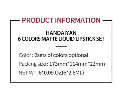 HANDAIYAN Gift 6PC/Set Matte Velvet Lip Gloss Waterproof Long-lasting Liquid Lipstick Cosmetic Beauty Keep 24 Hours Makeup